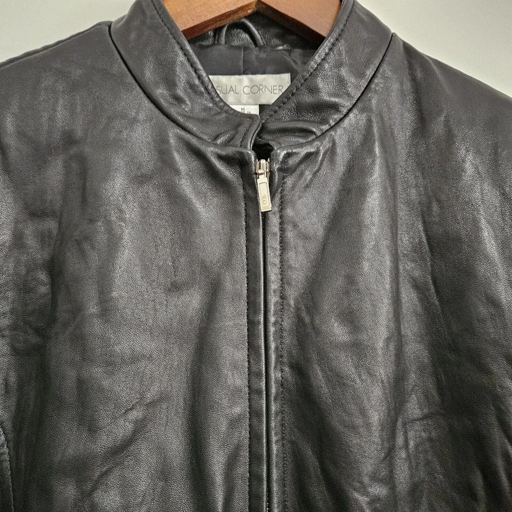Vtg Casual Corner Leather Jacket Women’s Buttery Soft Sz M Zip Black Lined - Picture 3 of 11